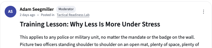 Privacy-safe view of a current Tactical Readiness Lab training post by Adam Seegmiller